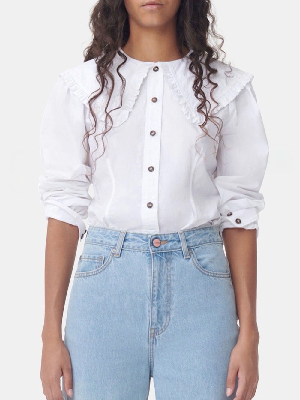 Ganni White Ruffle-Trim Button Front Top